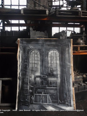 ink and gouache painting of the windows in the interior of the Large Erecting Shop in the Eveleigh Railway Workshops by industrial heritage artist Jane Bennett